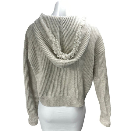 Intermix Wool Cashmere Beige Tan Rib Knit Fringe Hooded Long Sleeve Sweater Sz S