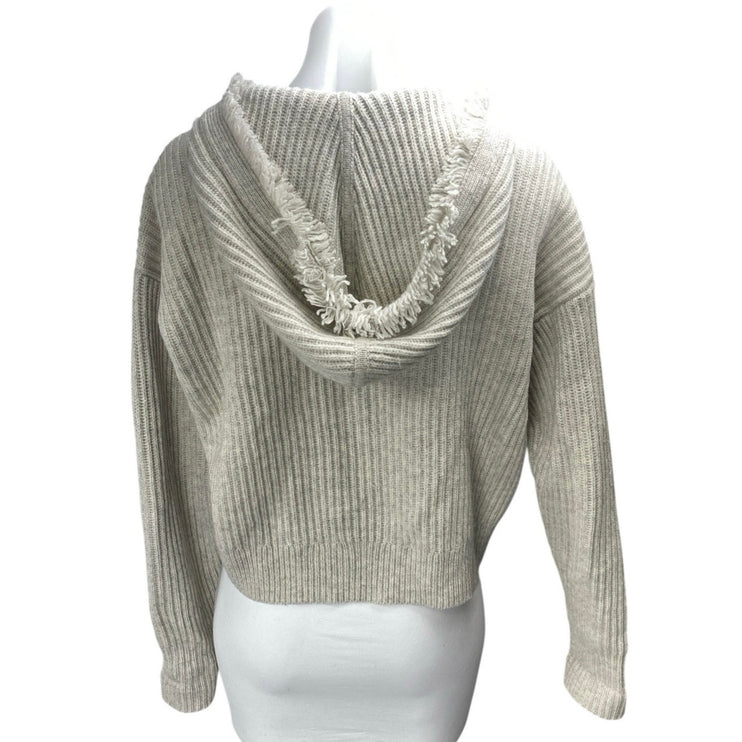 Intermix Wool Cashmere Beige Tan Rib Knit Fringe Hooded Long Sleeve Sweater Sz S