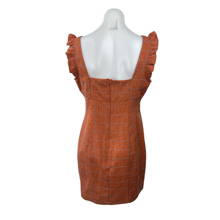 NEW Alice + Olivia Brown Orange Plaid Ruffle Sleeveless Mini Sheath Dress Size L