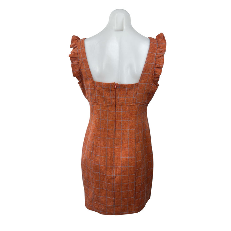 NEW Alice + Olivia Brown Orange Plaid Ruffle Sleeveless Mini Sheath Dress Size L