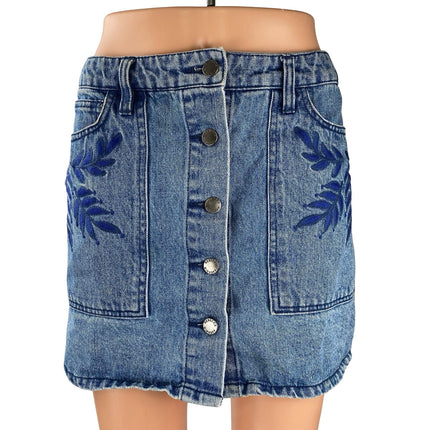Rebecca Minkoff Blue Embroidered Leaf High Waist Button Fly Denim Jean Skirt 26