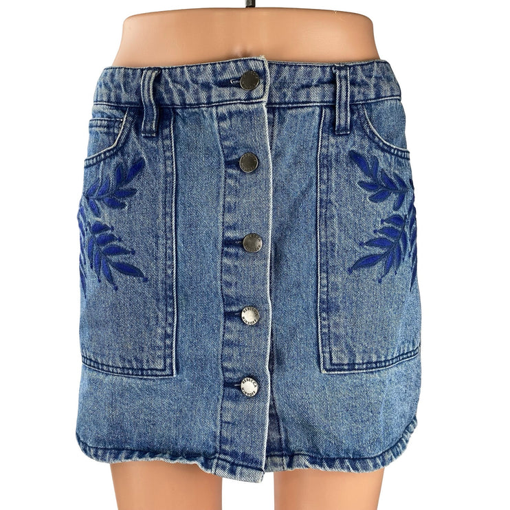 Rebecca Minkoff Blue Embroidered Leaf High Waist Button Fly Denim Jean Skirt 26