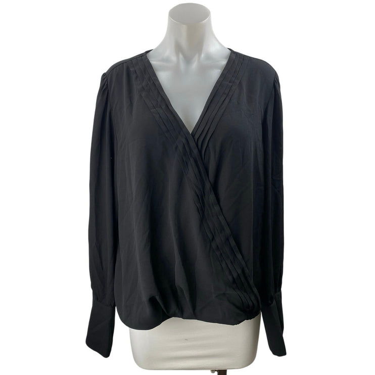 NEW Halogen Women's Black Faux Wrap V-neck Pleated Long Sleeve Blouse Top Sz XL