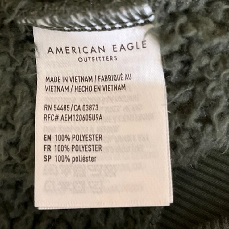 American Eagle Army Green Sherpa Fleece Long Sleeve Pocket Hooded Sweatshirt S