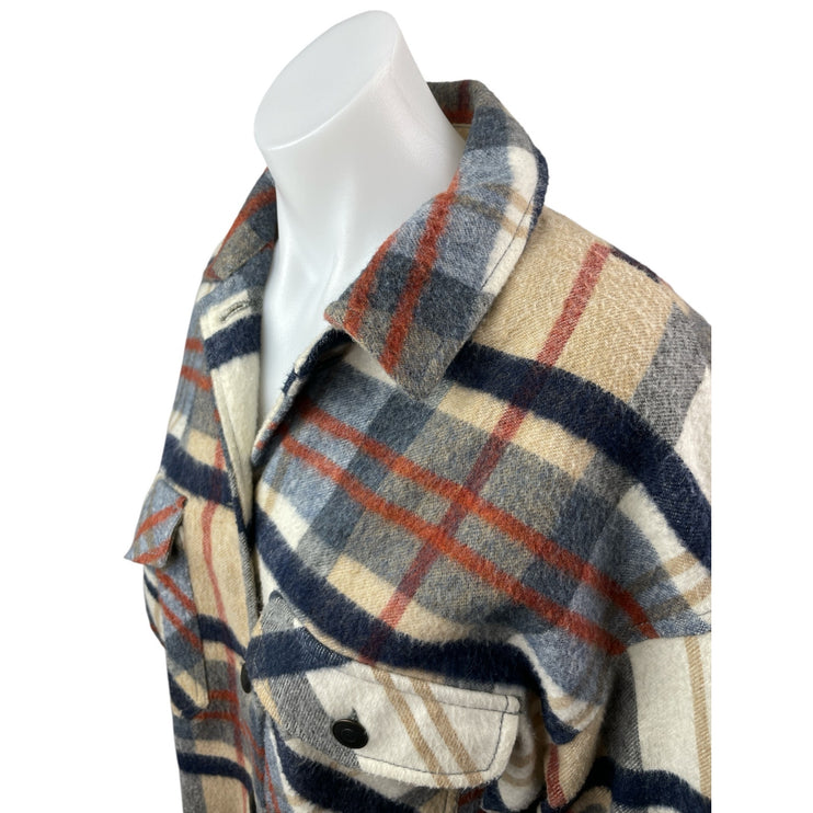 Zara Brown Wool Plaid Check Collared Long Sleeve Button Down Shirt Coat Jacket S