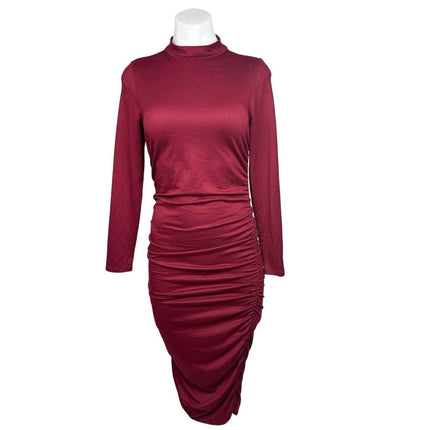 Almost Famous Red Bodycon Fitted Mock Neck Ruched Long Sleeve Jersey Dress Sz M