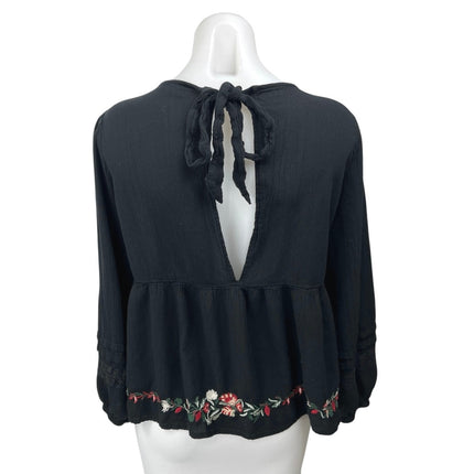 American Eagle Black Floral Embroidered Long Sleeve Cutout Peplum Blouse Top M
