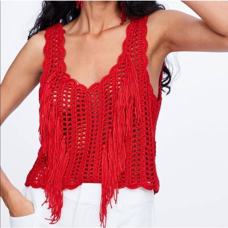 Zara Womens Red Crochet Open Knit Boho Sleeveless Fringe Cropped Tank Top Size S
