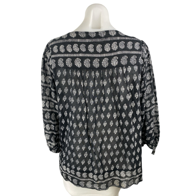 Madewell Moroccan Paisley Black 3/4 Sleeve Bohemian Tunic Peasant Blouse Top XS