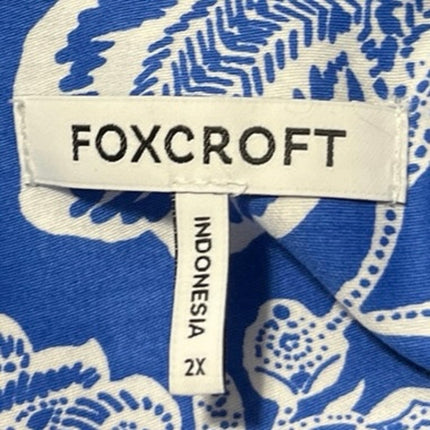 Foxcroft Marina Blue White Floral Long Sleeve Button Down Pocket Shirt Top Sz 2X