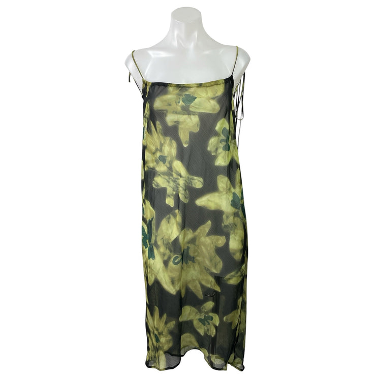 Commense Green Floral Mesh Long Sleeve Tie Cardigan Tank Midi Dress Set Size M