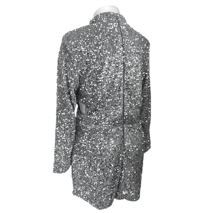 PrettyLittleThing Silver Sequin Long Sleeve Cutout Zip Mini Bodycon Dress Sz 16