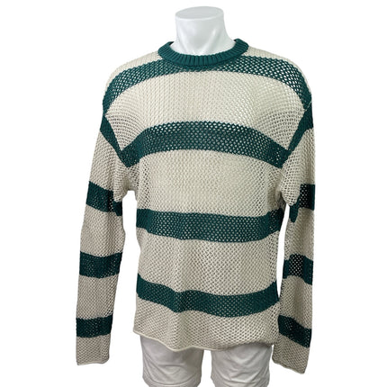 Urban Outfitters Mateo White Green Striped Crew Neck Crochet Knit Sweater Top L