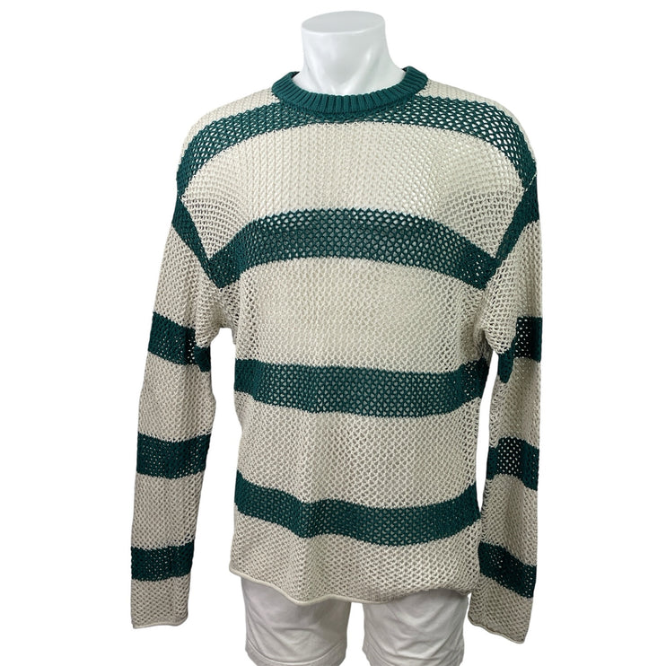 Urban Outfitters Mateo White Green Striped Crew Neck Crochet Knit Sweater Top L