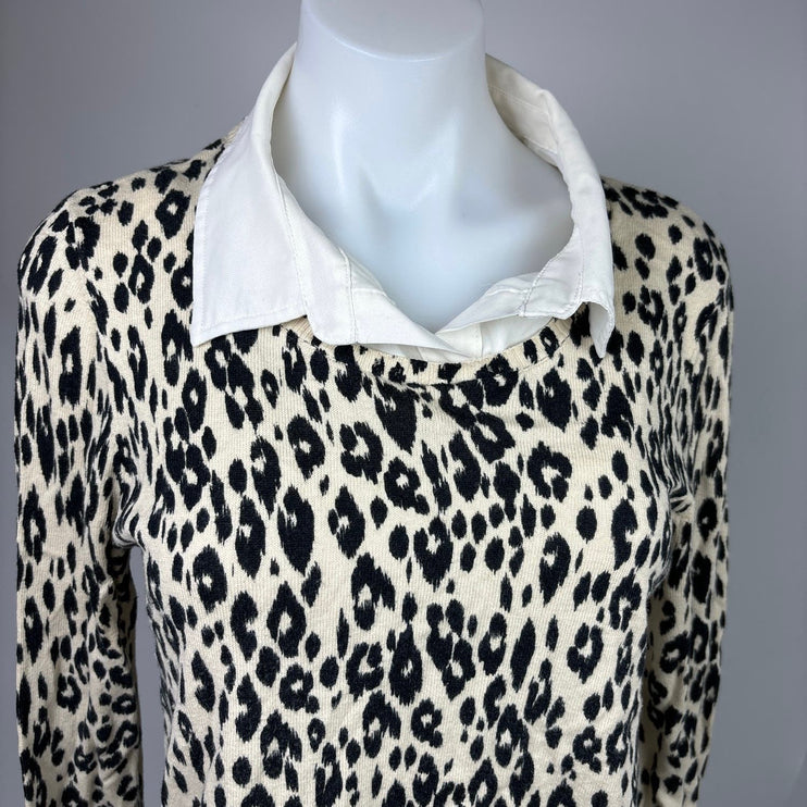 DKNY NWOT Black White Leopard Print Layered Long Sleeve Collar Sweater Top Sz L