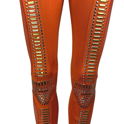 Rehab Orange Studded Fishnet Jeweled Skinny Mid Rise Trousers Leggings Pants L