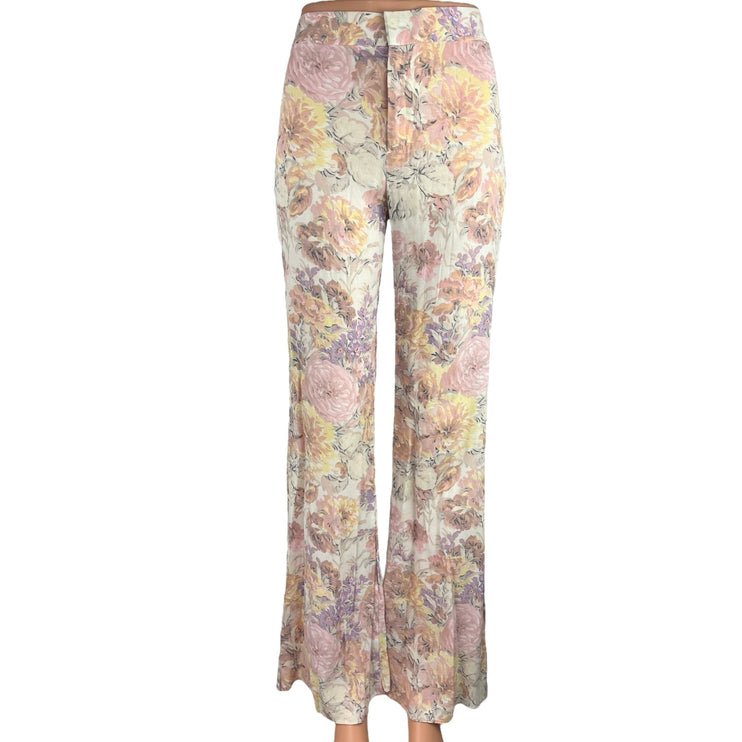 Zara Multicolor Crepe Floral High Waist Flare Leg Bell Bottom Ankle Pants Size S