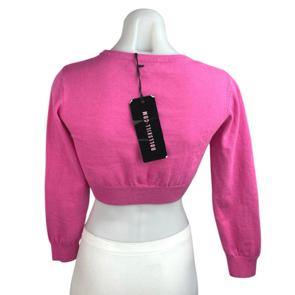 NEW Dolls Kill Trickz N' Treatz Pink Long Sleeve Button Crop Sweater Top Size M