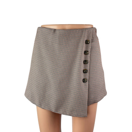 Women's Gray Houndstooth High Waisted Button Wrap Skort Skirt Shorts Size S