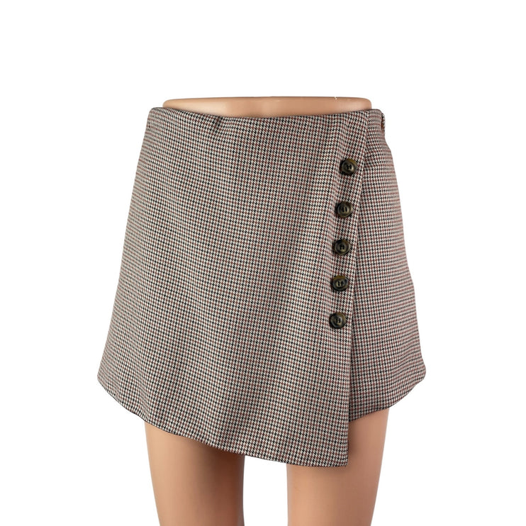 Women's Gray Houndstooth High Waisted Button Wrap Skort Skirt Shorts Size S
