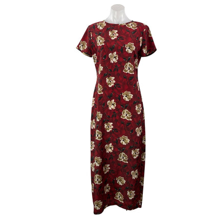 Lynn Lugo Women's Maroon Red Floral Print Short Sleeves Straight Maxi Dress Sz S