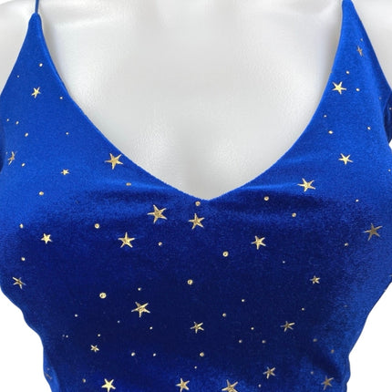 Women's Blue Gold Star Velvet Velour Strappy Crisscross Deep V Crop Top Size M