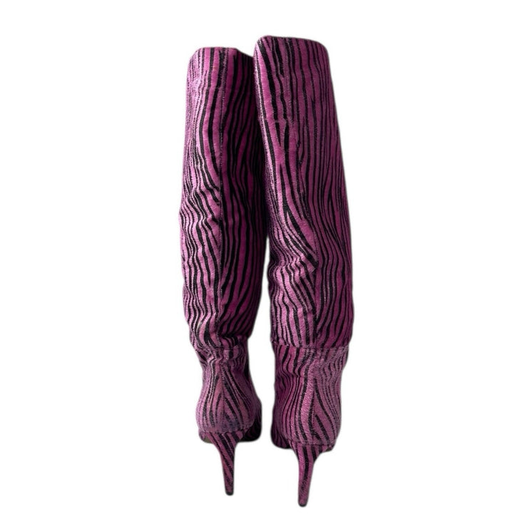 Nasty Gal Black Pink Zebra Animal Print Faux Fur Pointed Toe Knee High Boots 8