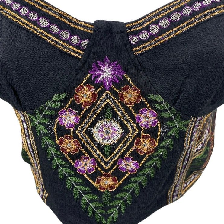 Free People Datura Black Floral Embroidered Sleeveless Bustier Corset Crop Top S