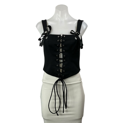 Selkie Black Sleeveless Bow Lace Up Square Neck Bustier Corset Crop Top Size M