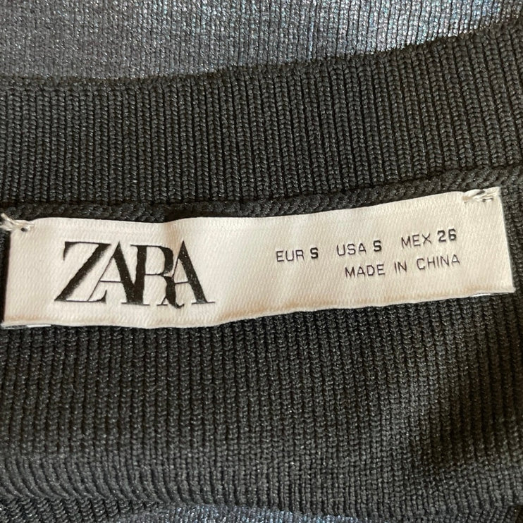 Zara Foil Knit Metallic Shiny Crew Neck Long Sleeve Slim Crop Tee T-Shirt Top S