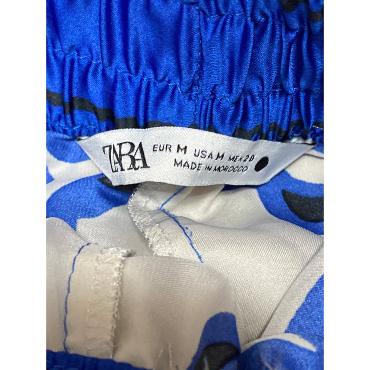 Zara Women's Blue White Abstract High Rise Baggy Wide Leg Trousers Pants Size M