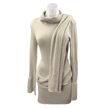 NEW Free People Beige Long Sleeve Ribbed Knit Shawl Mini Sweater Dress Size XS