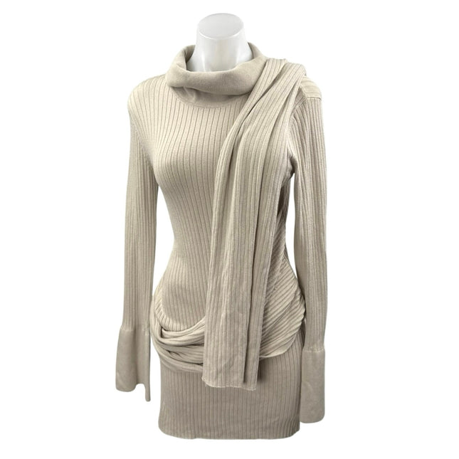 NEW Free People Beige Long Sleeve Ribbed Knit Shawl Mini Sweater Dress –  Brie