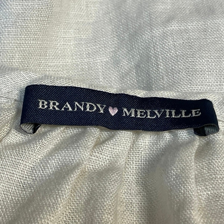 Brandy Melville Beige 100% Linen Short Sleeve Tie Back Henley Blouse Top Size M
