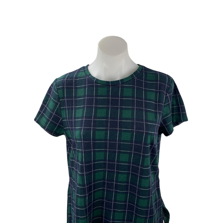 Zara Women's Green Plaid Short Sleeve Side Slit Crew Neck Blouse Top Size M