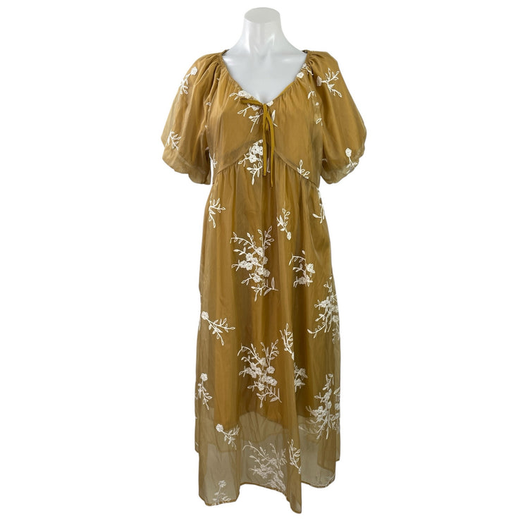 Dazy Women Yellow Brown Short Puff Sleeves Floral Casual Peasant Midi Dress M