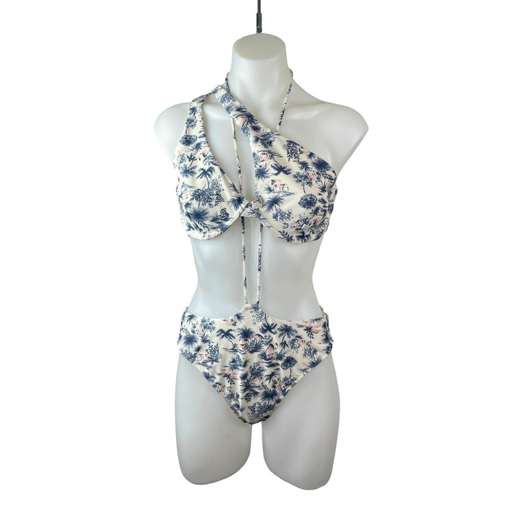 Abercrombie & Fitch White Blue Floral One Shoulder 2 Pc Bikini Set Swimwear Sz M