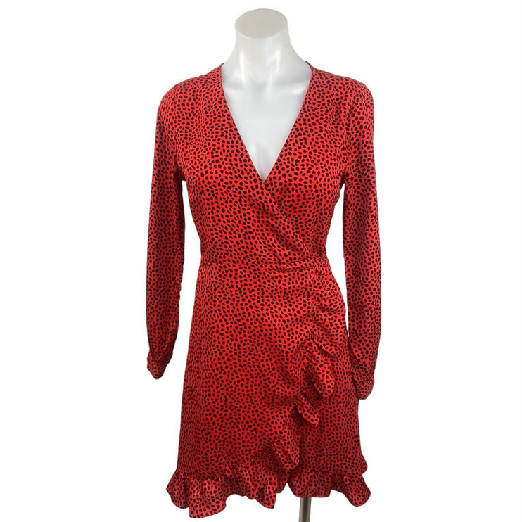 IVIVI Red Animal Leopard Print V-neck Ruffle Long Sleeve Mini Wrap Dress Size S