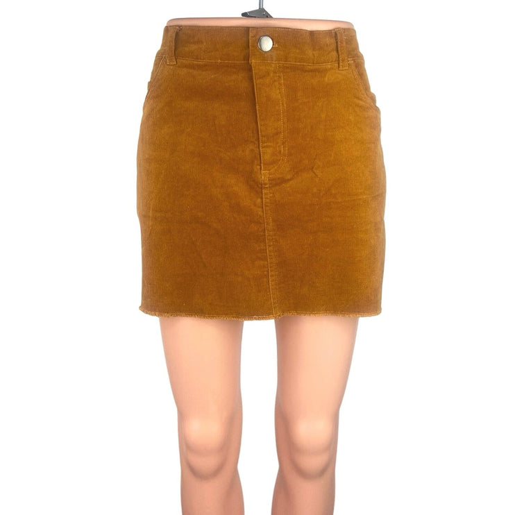 Rue 21 Brown Orange Corduroy Frayed Hem Pencil Straight Pockets Mini Skirt Sz M