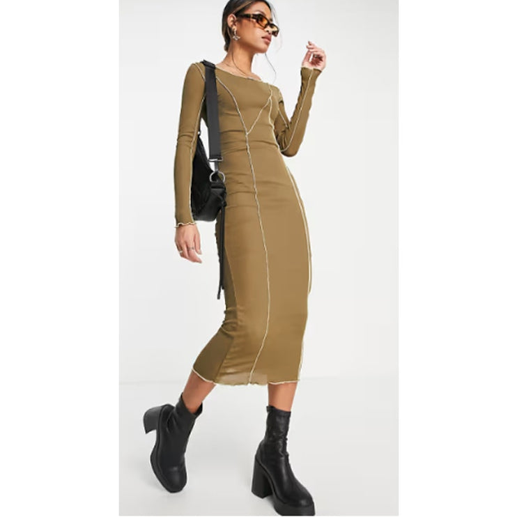 Topshop Olive Green Exposed Seam Knit Long Sleeve Bodycon Midi Dress Size 2