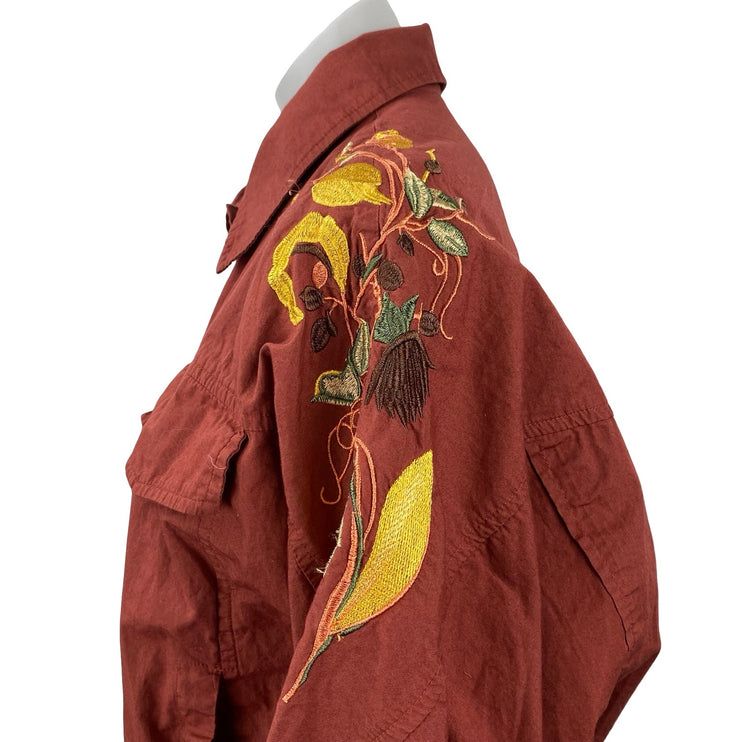 Tokyo Talkies Women's Brown Embroidered Floral Long Sleeve Button Up Shirt Top M