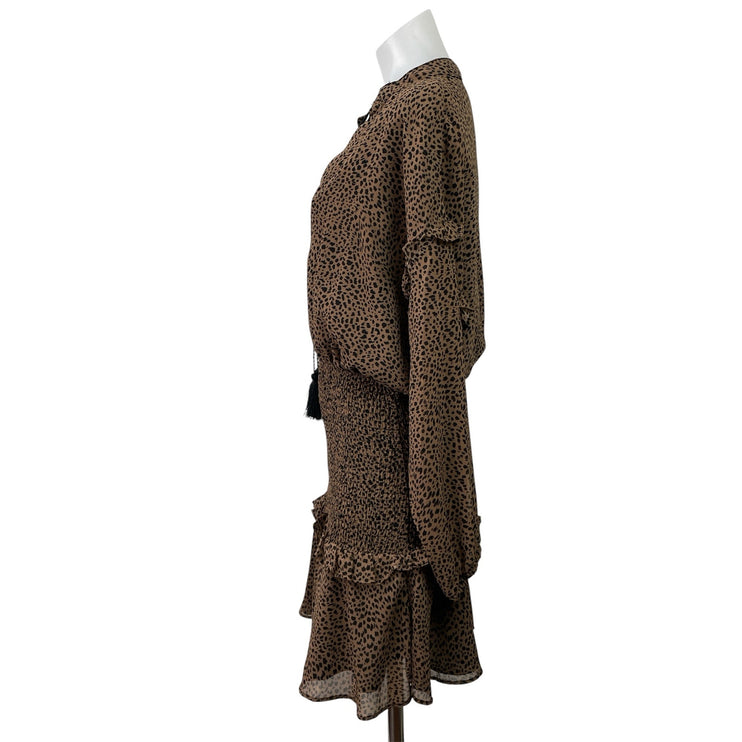 Aqua Brown Leopard Cheetah Tassel Ruffle Long Sleeve Tiered Blouson Mini Dress S