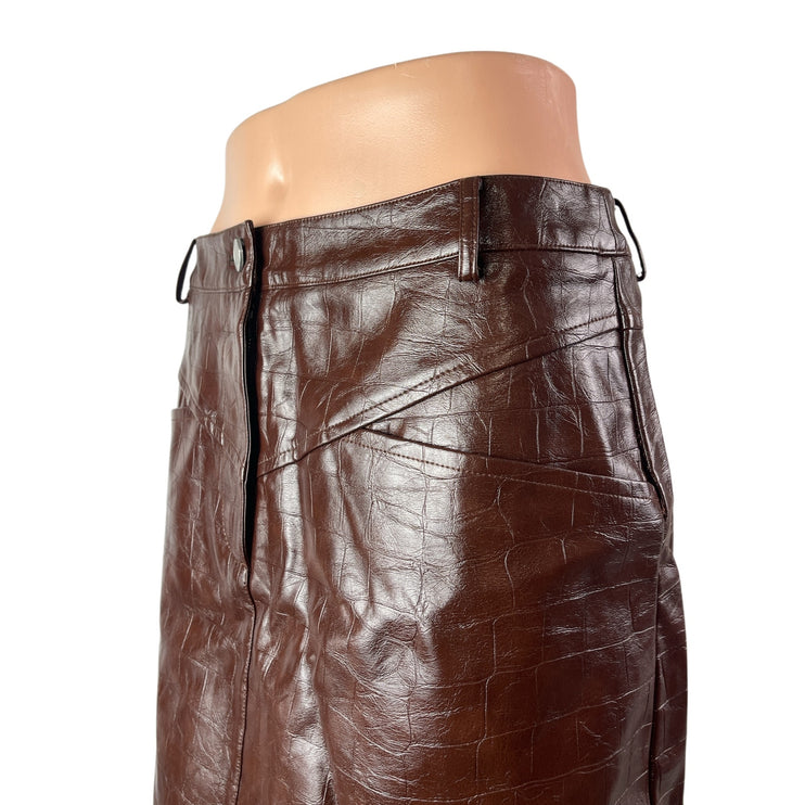 Avec Les Filles Brown Croc Embossed Faux Vegan Leather Mini Flare A-Line Skirt S