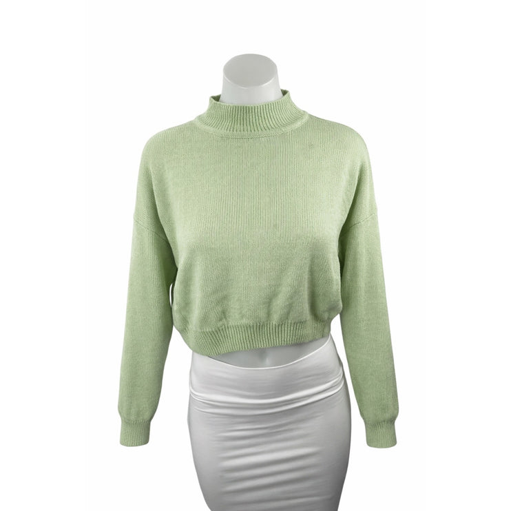 H&M Women's Green Ribbed Knit Long Sleeve Mock Neck Cropped Sweater Top Size S