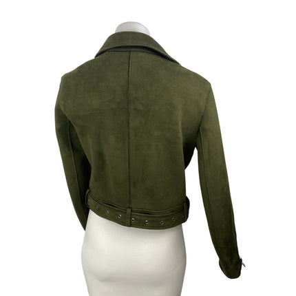 Zara Women's Green Faux Suede Belted Full Zip Crop Moto Biker Coat Jacket Size M