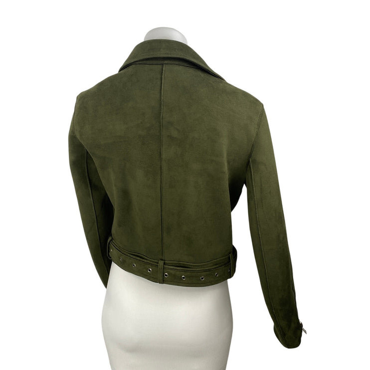 Zara Women's Green Faux Suede Belted Full Zip Crop Moto Biker Coat Jacket Size M