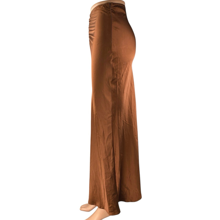 Princess Polly Jones Brown Silk Satin Ruched Slim Side Zip Maxi A-Line Skirt 2