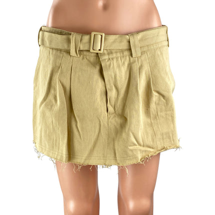 Lioness Women's Tan Belted Mid Waist Pleated Cutoff A Line Mini Skirt Size M