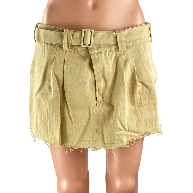 Lioness Women's Tan Belted Mid Waist Pleated Cutoff A Line Mini Skirt Size M