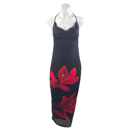 Women's Black Floral Cowl Neck Sleeveless Maxi Cami Tank Bodycon Sheath Dress S